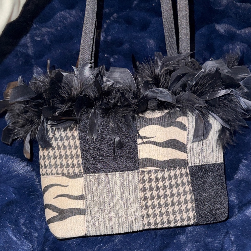 Elegant Patchwork Feathered Handbag - image 1
